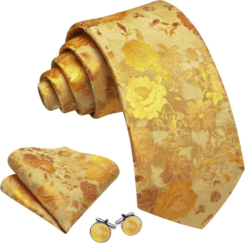Barry.Wang Store Flower Ties for Men Handkerchief Cufflinks Set Wedding Necktie Set Party - Image 2